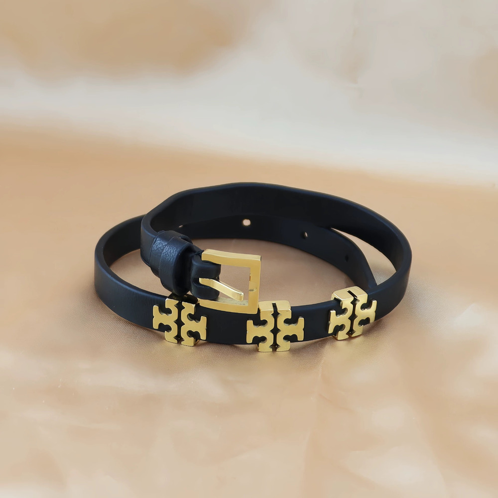 Tory Burch Gold Plated Copper Double Layered Choker Classic Leather Strap